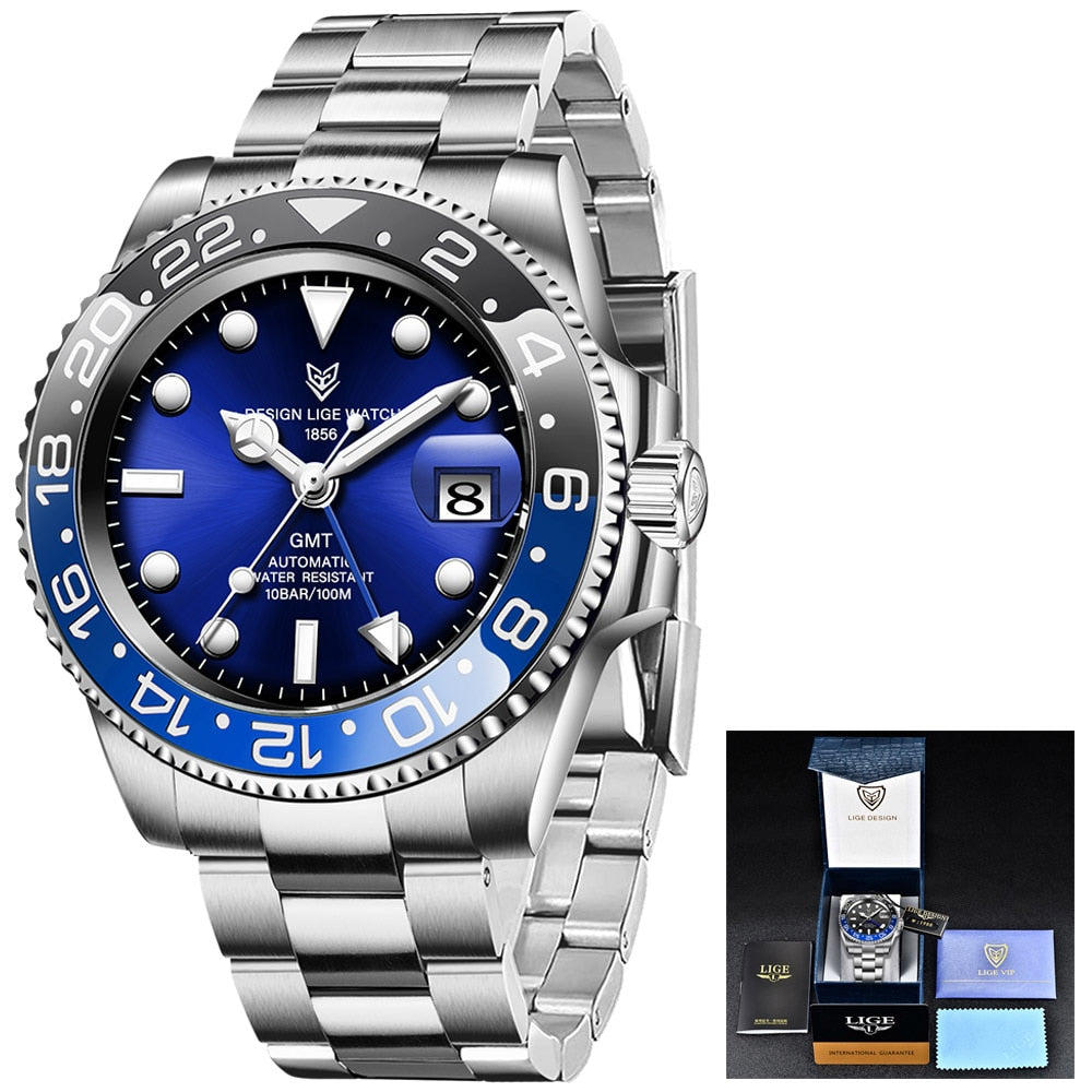 LIGE DESIGN Men GMT Automatic Mechanical Watch Ceramic Bezel 316L Stainless Steel 100ATM Waterproof Clock Sapphire Glass Watches
