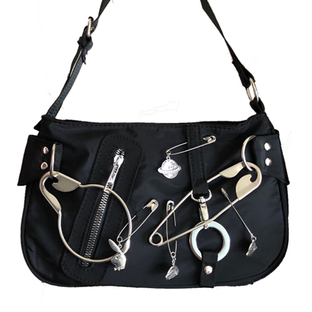 Steampunk Dance Street Shoulder Bags For Women Pin Design Handbags Metal Punk Totes Female Gothic Lolita Chain Underarm Bags