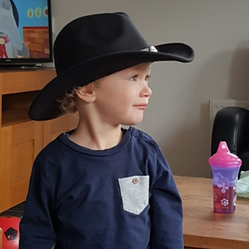 LUCKYLIANJI Boys Girl  Wide Brim  Country Western Leather Band Hat Fedora Trilby Wool Felt Jazz Chapeu Cowboy Cap For Children
