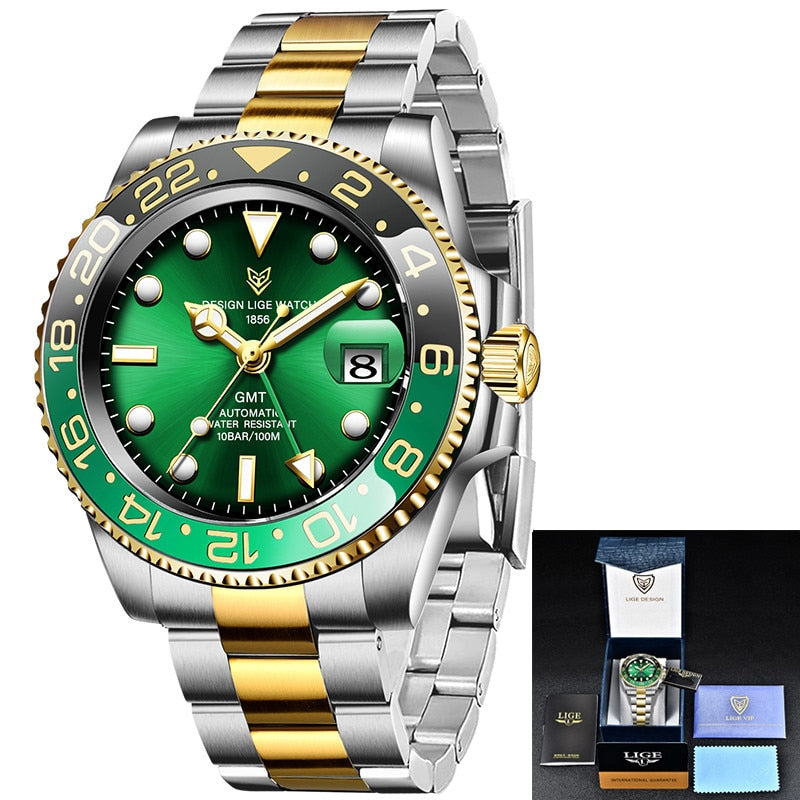 LIGE Men Watches Sapphire Glass 40MM Ceramic GMT Automatic Mechanical Watch Men 100m Waterproof Classic Fashion Luxury Clock+Box