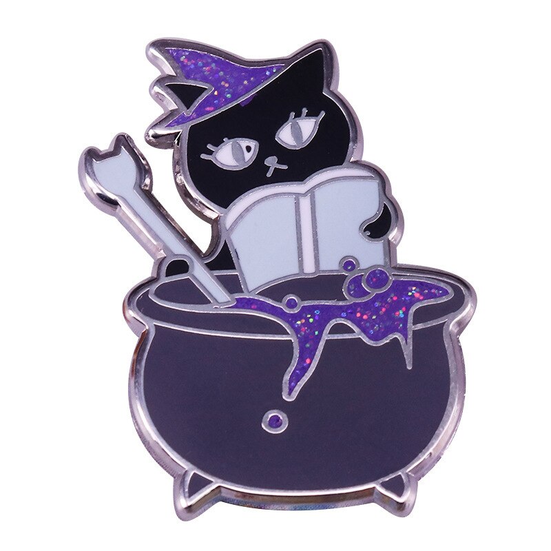 Reading Black cat flash brooch glamour cauldron badge literature cute accessory