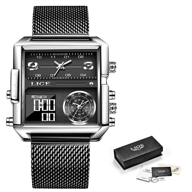 LIGE Watch Man Top Brand Luxury Square Sport Quartz Analog Wristwatch for Men Waterproof Military Digital Watches Creative Watch