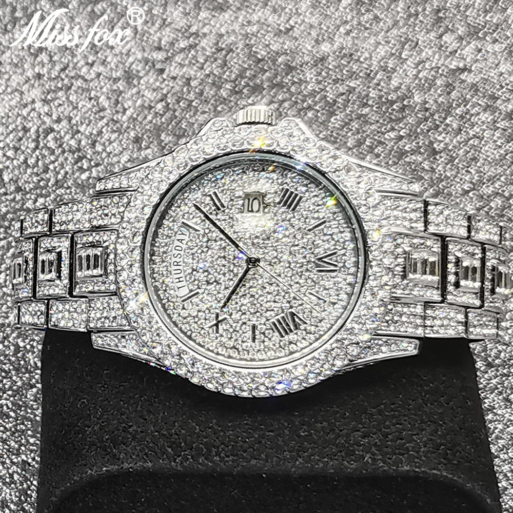 MISSFOX Quartz Men's Watch Diamond Top Dual Calendar Watch Men Waterproof Diver Luxury Silver Calendar Steel Relogio Masculino