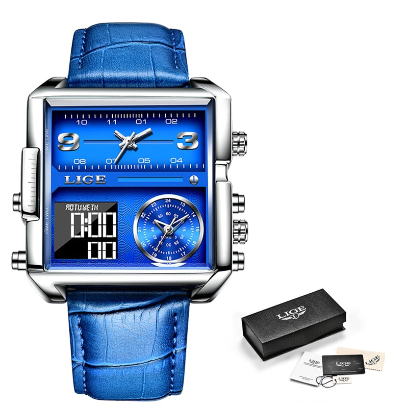 LIGE Watch Man Top Brand Luxury Square Sport Quartz Analog Wristwatch for Men Waterproof Military Digital Watches Creative Watch