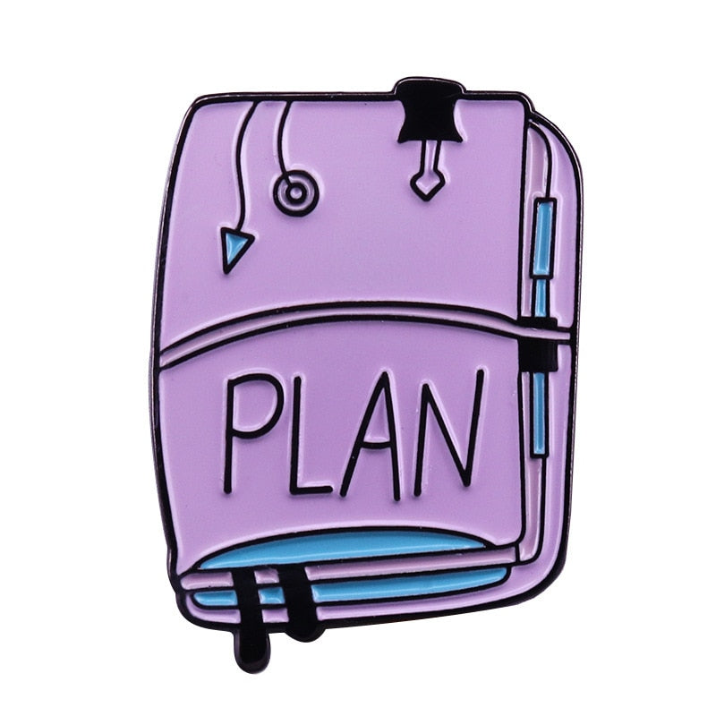 "Plan"-notebook brooch planning, traveler brooch cartoon Pink clothes bag accessories