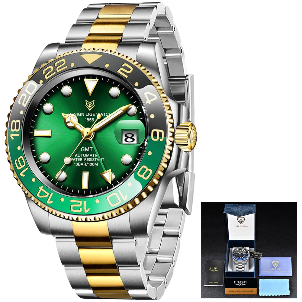LIGE DESIGN Men GMT Automatic Mechanical Watch Ceramic Bezel 316L Stainless Steel 100ATM Waterproof Clock Sapphire Glass Watches