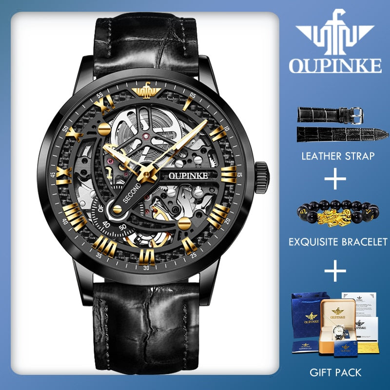 Luxury Men Mechanical Wristwatch Automatic Watch Men Classic Skeleton Leather Top Brand OUPINKE Transparent Sapphire Waterproof