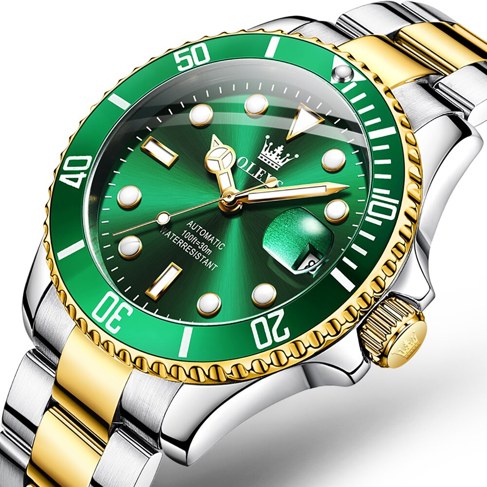 OLEVS New Green Water Ghost Watch Men's Automatic Mechanical Watch 30 Meters Life Waterproof Stainless Steel Strap 6650