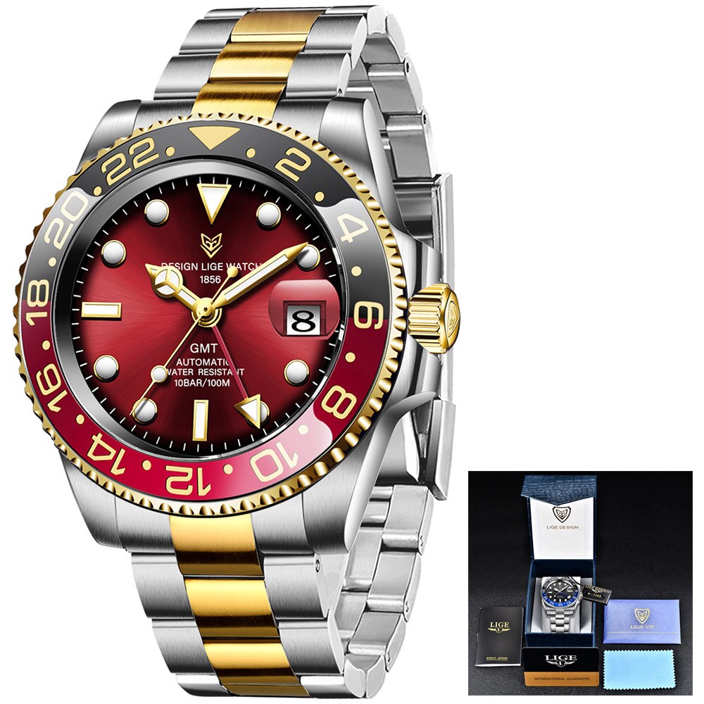 LIGE DESIGN Men GMT Automatic Mechanical Watch Ceramic Bezel 316L Stainless Steel 100ATM Waterproof Clock Sapphire Glass Watches