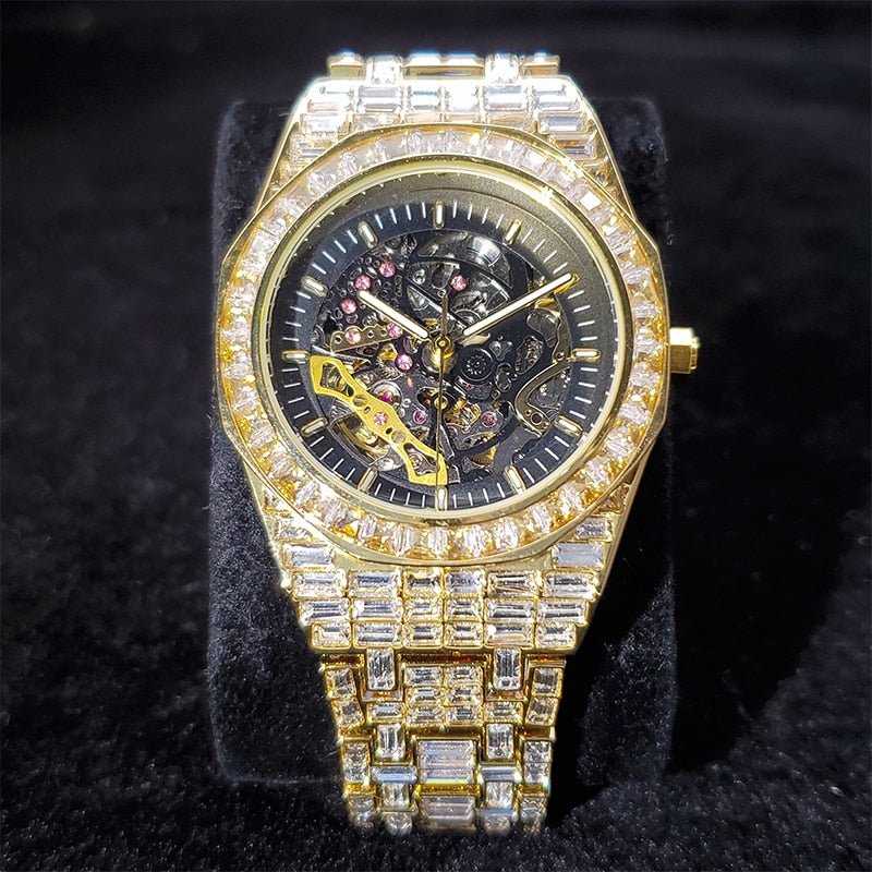 MISSFOX Hip Hop Ice Out Mechanical Men Watch Luxury Full Diamond Skeleton Clock Waterproof Tourbillon Automatic Watches 2021 New