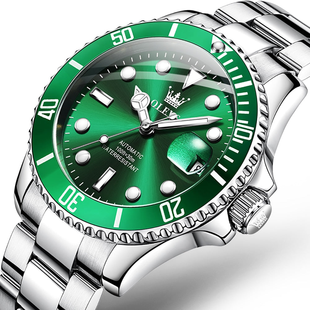 OLEVS New Green Water Ghost Watch Men's Automatic Mechanical Watch 30 Meters Life Waterproof Stainless Steel Strap 6650