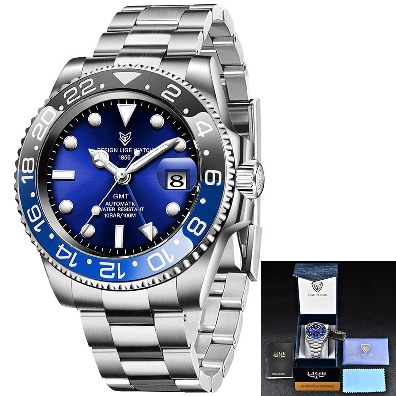 LIGE Men Watches Sapphire Glass 40MM Ceramic GMT Automatic Mechanical Watch Men 100m Waterproof Classic Fashion Luxury Clock+Box