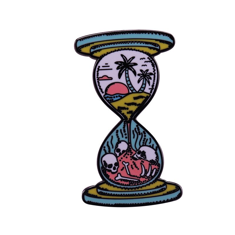 Beautiful Sunset Coconut Tree Skull Brooch Hourglass Landscape Badge Gothic Art Accessories
