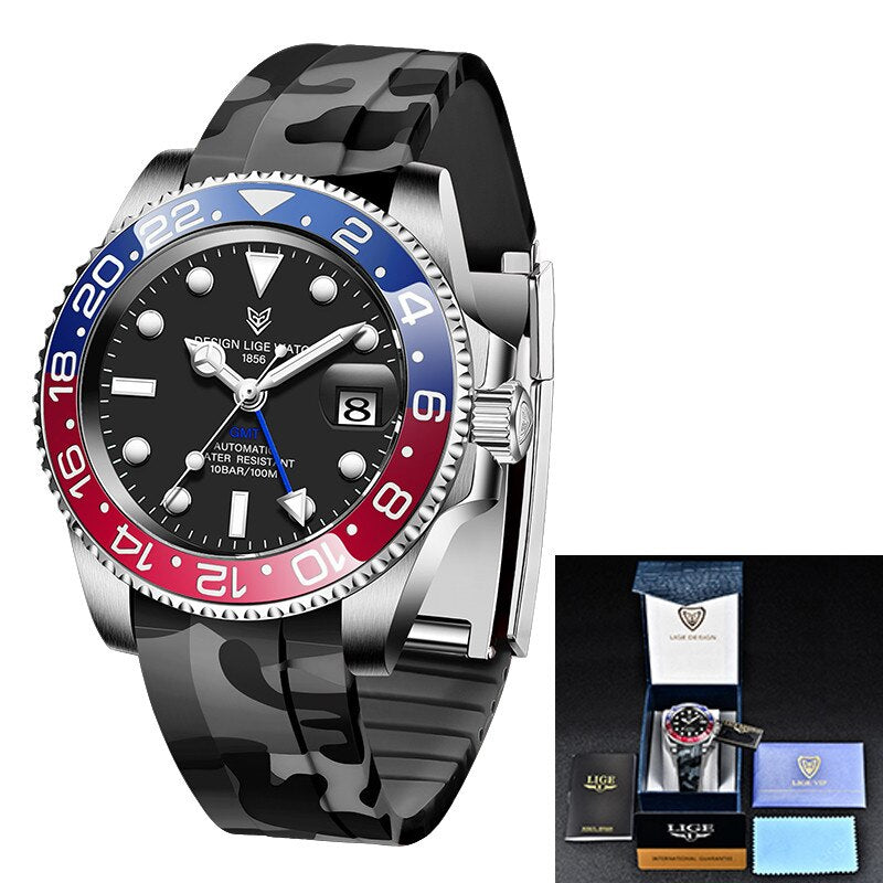 LIGE Men Watches Sapphire Glass 40MM Ceramic GMT Automatic Mechanical Watch Men 100m Waterproof Classic Fashion Luxury Clock+Box