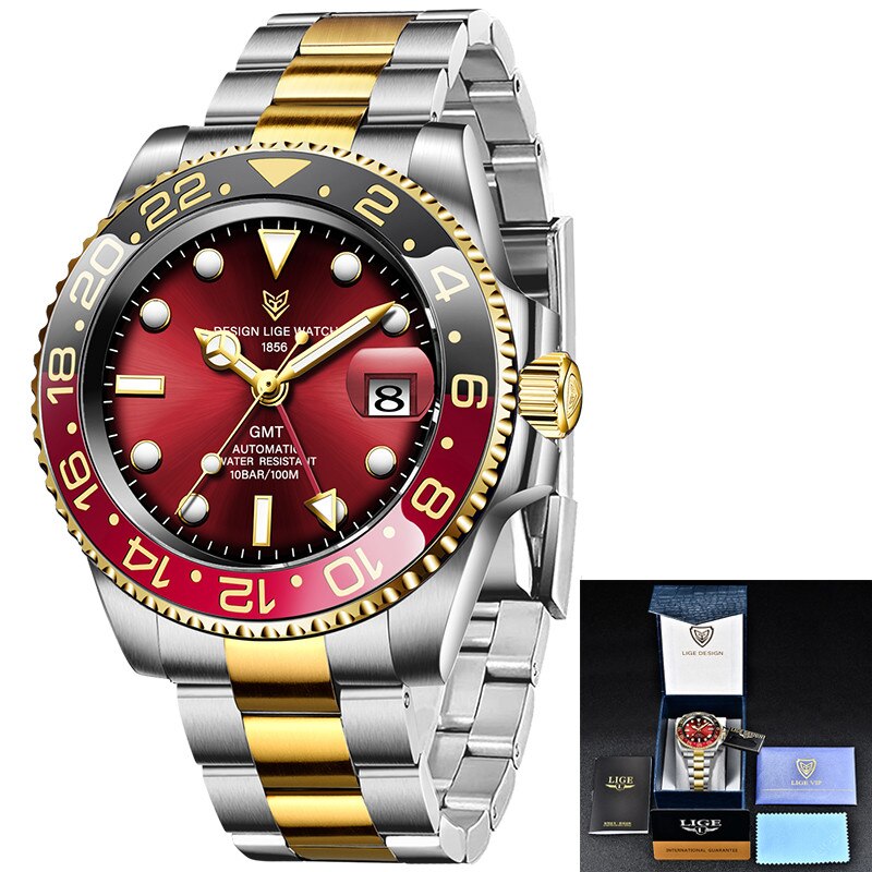LIGE Men Watches Sapphire Glass 40MM Ceramic GMT Automatic Mechanical Watch Men 100m Waterproof Classic Fashion Luxury Clock+Box