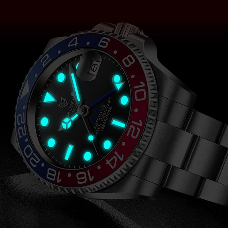 LIGE Men Watches Sapphire Glass 40MM Ceramic GMT Automatic Mechanical Watch Men 100m Waterproof Classic Fashion Luxury Clock+Box
