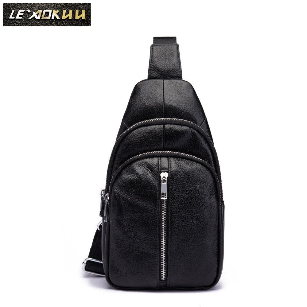 Men Original Leather Casual Fashion Chest Sling Bag 8" Tablet Umbrella Black Design One Shoulder Daypack Crossbody Bag Male 155