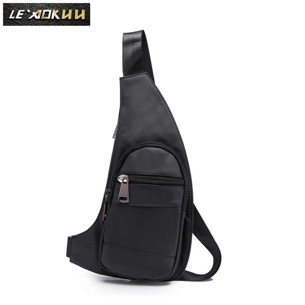 Men Leather Casual Fashion Triangle Chest Sling Bag 7" Tablet Black Travel Design One Shoulder Bag Cross body Bag Male 2020