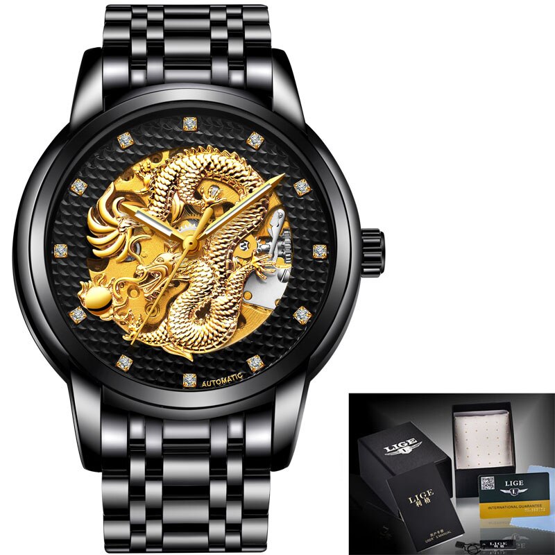 LIGE Mens Watches Top Luxury Brand Watch Stainless Steel Waterproof Automatic Mechanical Dragon Watch Men Relogio Masculino+Box