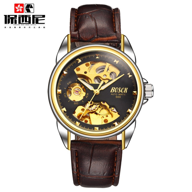 Men's Watches Automatic Mechanical Gold Watch Male Skeleton Dial Waterproof Stainless Steel Band Bosck Sports Watches Self Wind