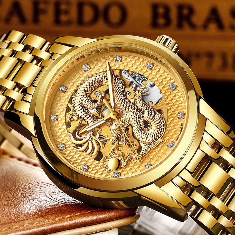 LIGE Mens Watches Top Luxury Brand Watch Stainless Steel Waterproof Automatic Mechanical Dragon Watch Men Relogio Masculino+Box