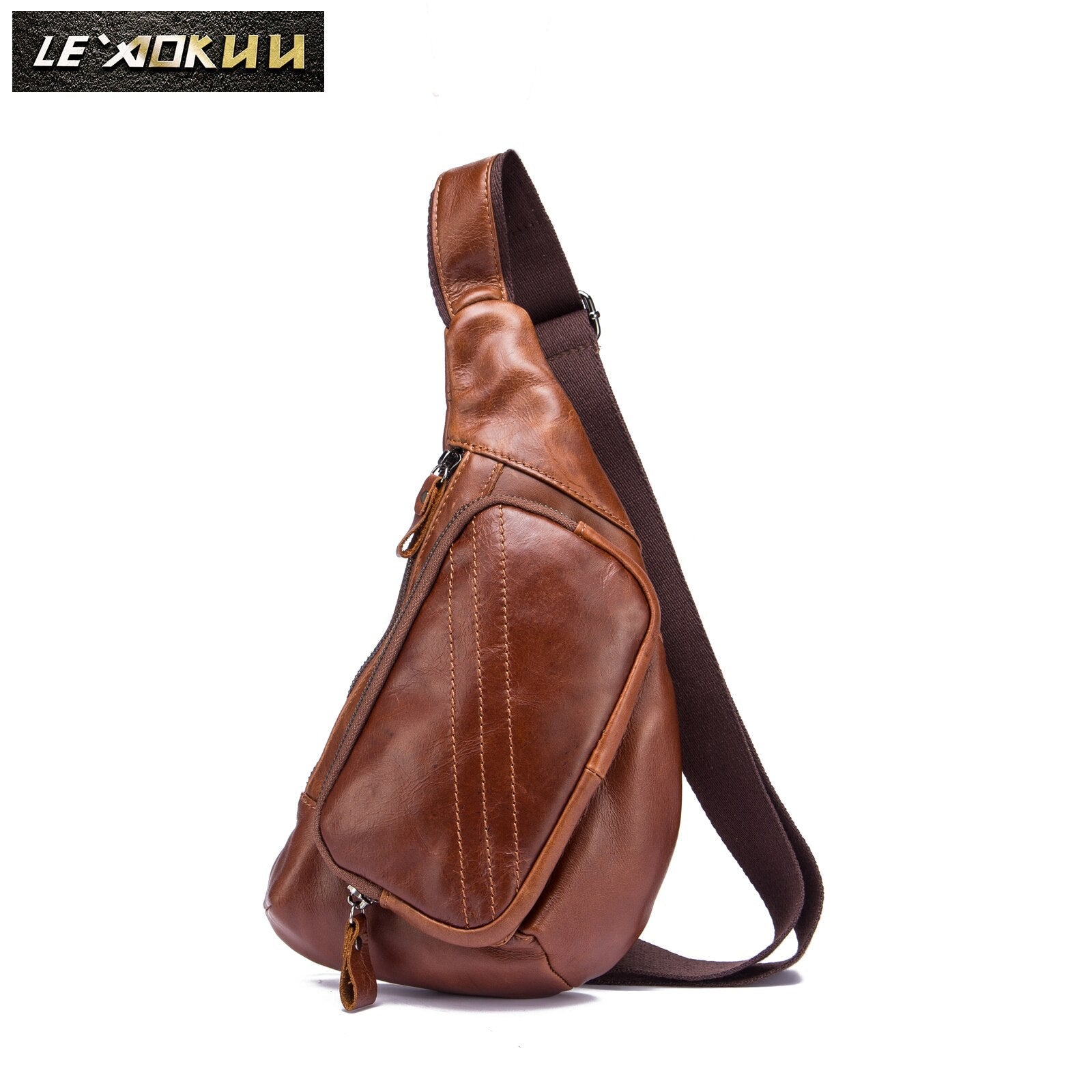Men Original Leather Casual Fashion Chest Sling Bag 8" Tablet Umbrella Brown Design One Shoulder Bag Cross body Bag Male 8810