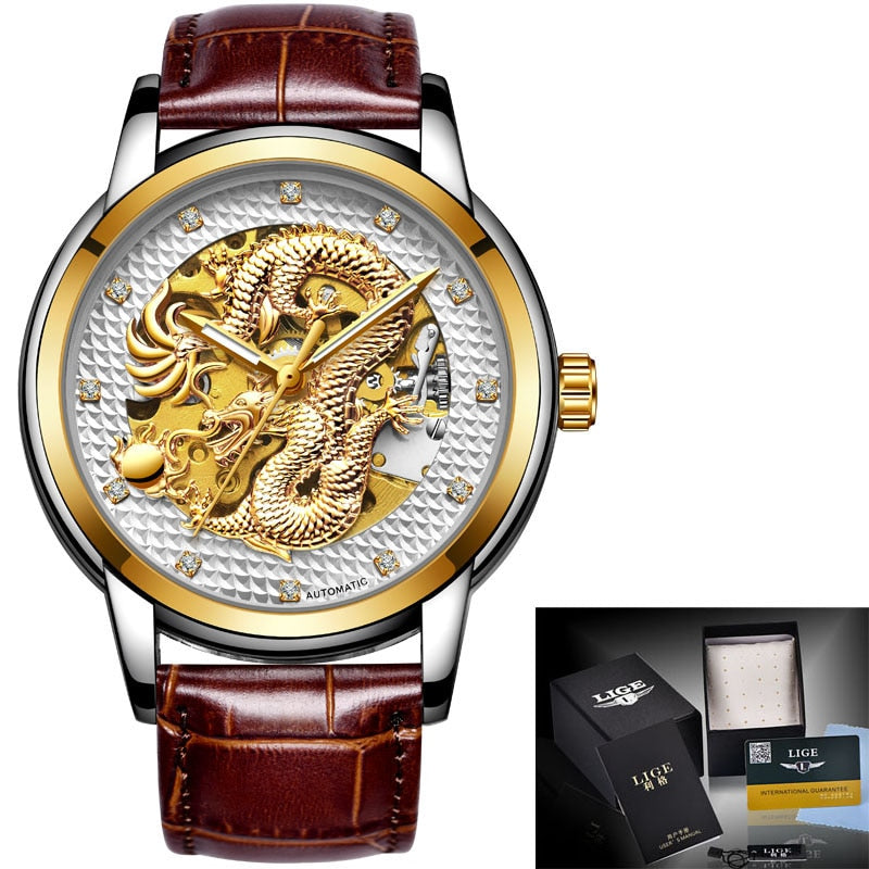 LIGE Mens Watches Top Luxury Brand Watch Stainless Steel Waterproof Automatic Mechanical Dragon Watch Men Relogio Masculino+Box