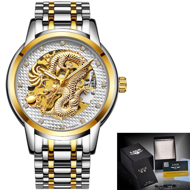 LIGE Mens Watches Top Luxury Brand Watch Stainless Steel Waterproof Automatic Mechanical Dragon Watch Men Relogio Masculino+Box