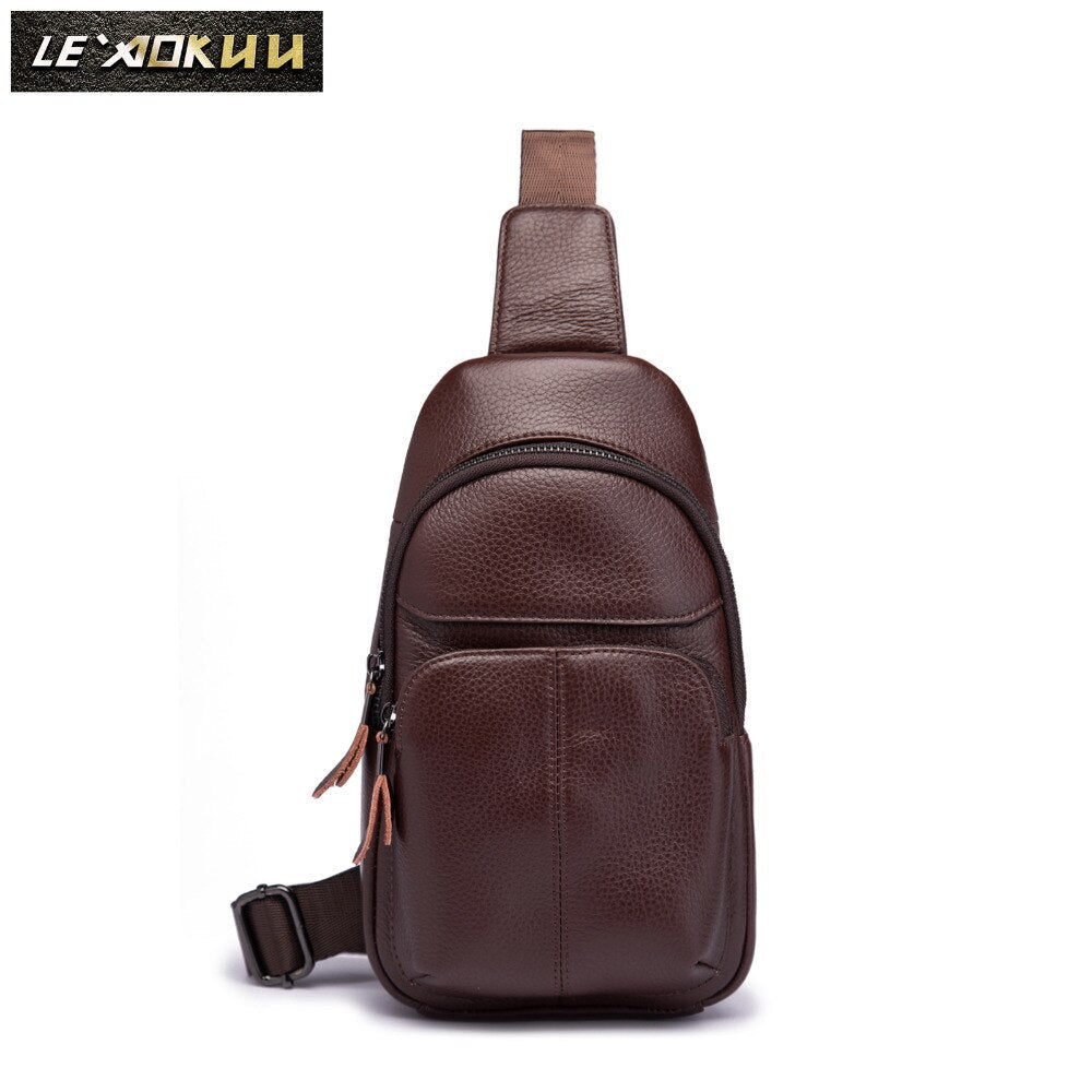 Men Genuine Leather Casual Fashion Chest Sling Bag 8" Tablet Umbrella Black Design One Shoulder Daypack Crossbody Bag Male 8002