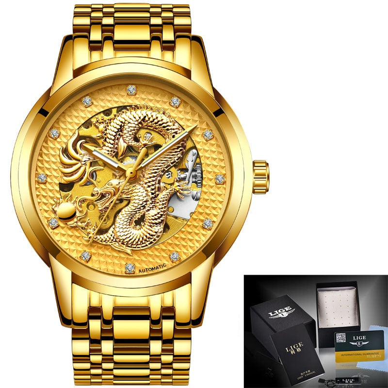 LIGE Mens Watches Top Luxury Brand Watch Stainless Steel Waterproof Automatic Mechanical Dragon Watch Men Relogio Masculino+Box
