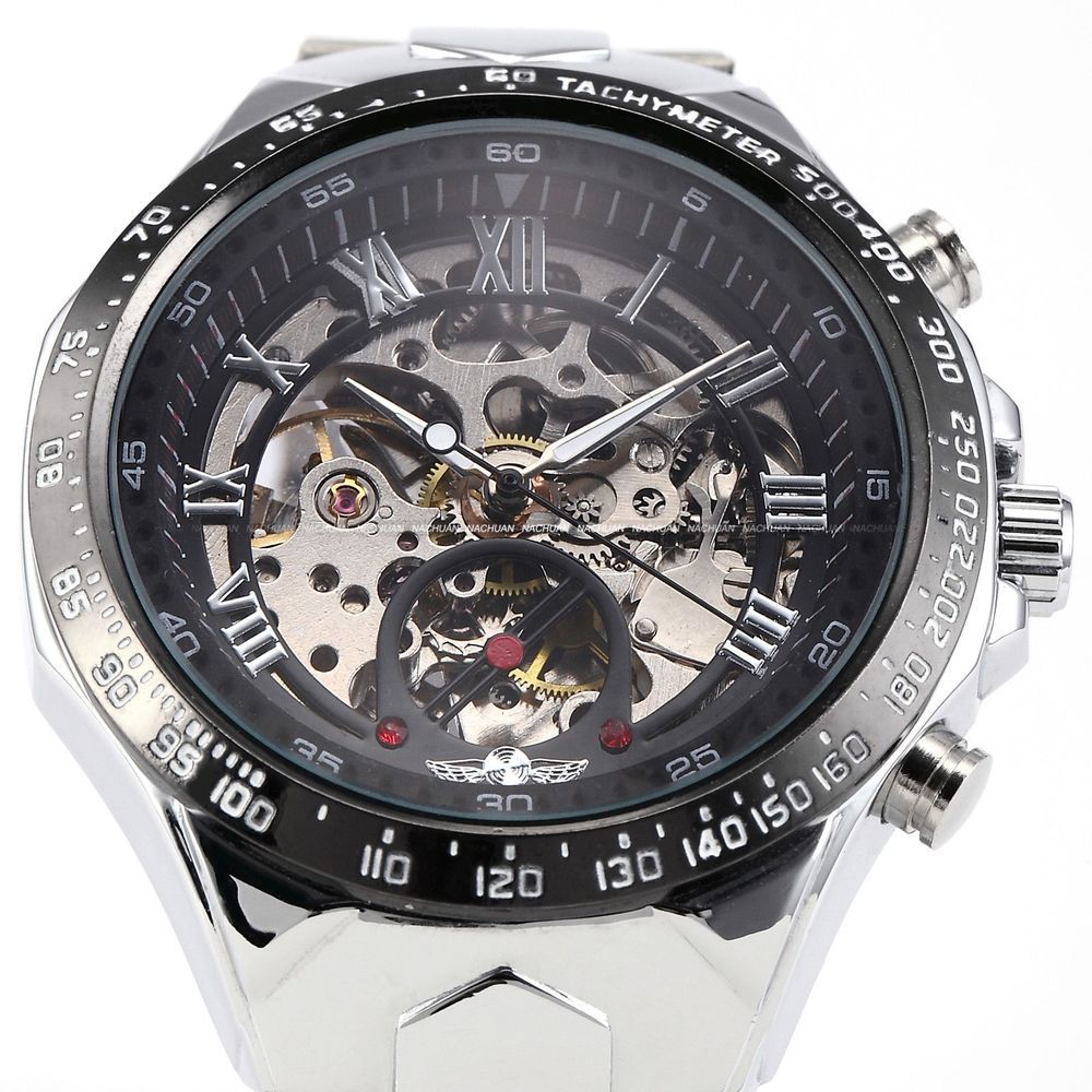 New WINNER Relojes Watches Top Branded Mens Classic Stainless Steel Self Wind Skeleton Mechanical Watch Fashion Cross Wristwatch