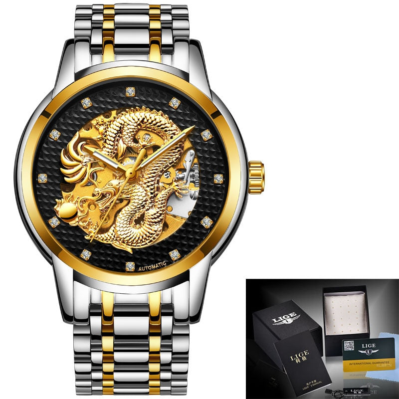LIGE Mens Watches Top Luxury Brand Watch Stainless Steel Waterproof Automatic Mechanical Dragon Watch Men Relogio Masculino+Box