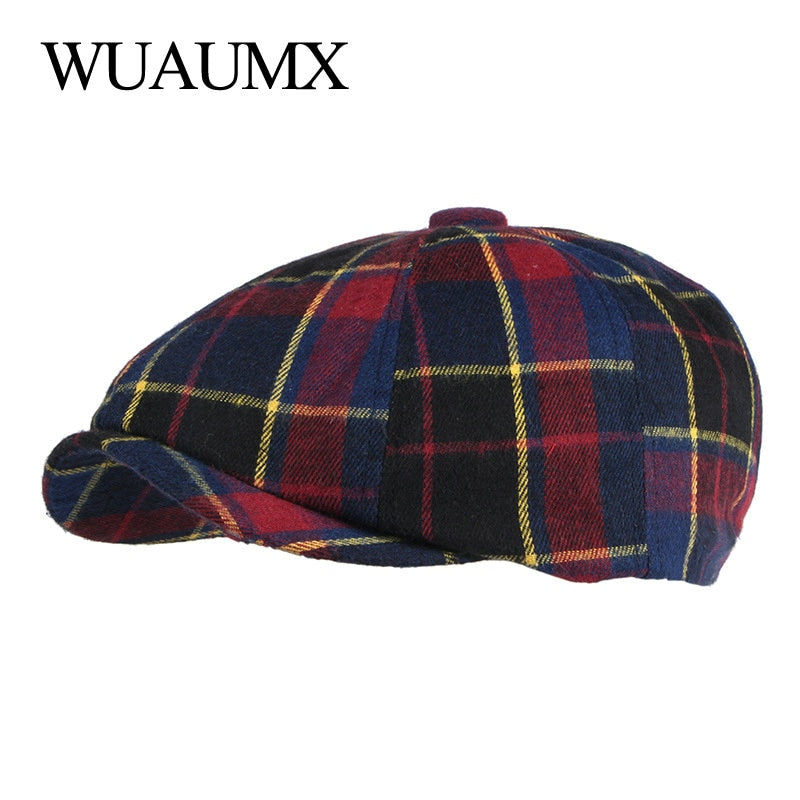 NEW Casual Retro Octagonal Hats For Women Blue Orange Plaid Eight-blade Painters Newsboy Cap For Men Cotton Herringbone Flat Cap