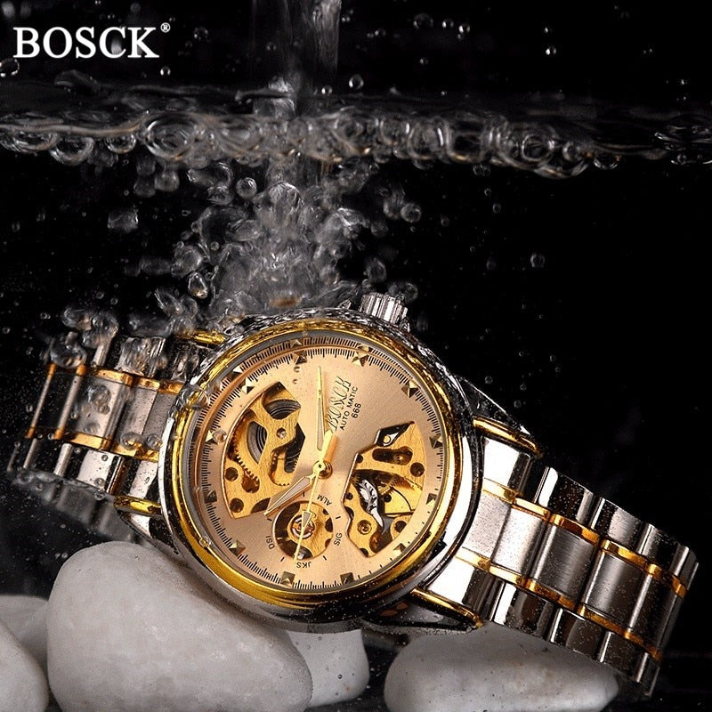 Men's Watches Automatic Mechanical Gold Watch Male Skeleton Dial Waterproof Stainless Steel Band Bosck Sports Watches Self Wind