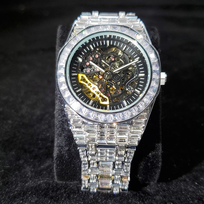 MISSFOX Hip Hop Ice Out Mechanical Men Watch Luxury Full Diamond Skeleton Clock Waterproof Tourbillon Automatic Watches 2021 New