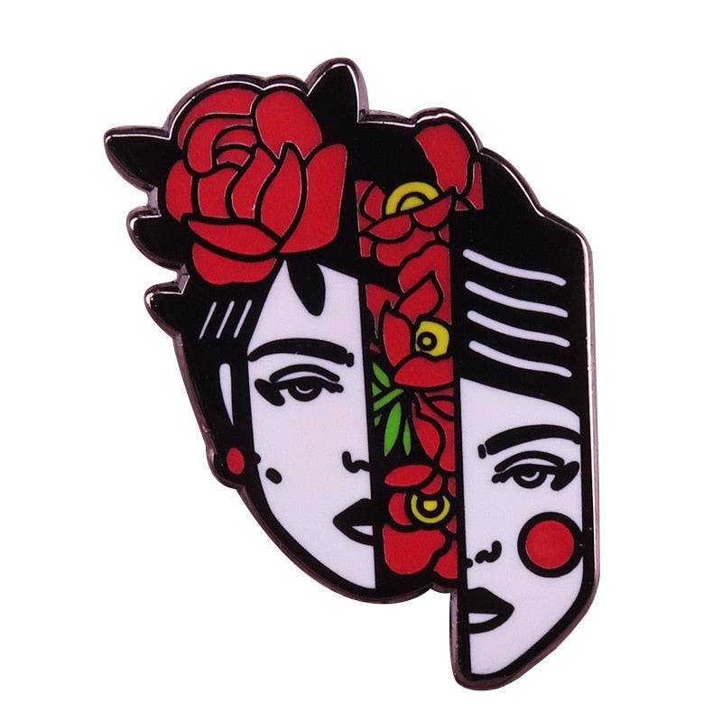 Mexican artist split cartoon character brooch feminist badge Gothic art accessory