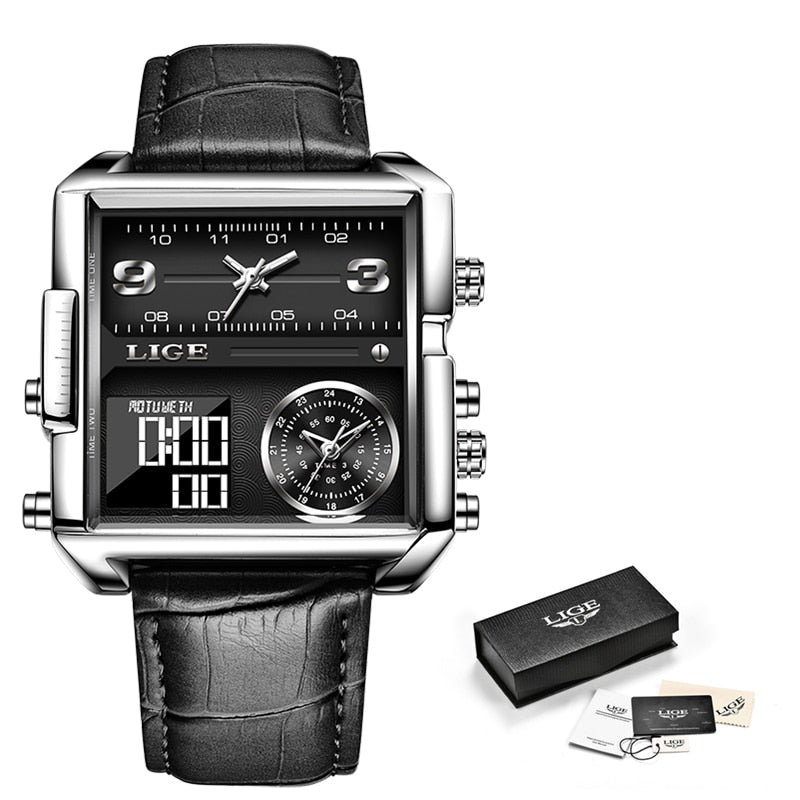 LIGE Watch Man Top Brand Luxury Square Sport Quartz Analog Wristwatch for Men Waterproof Military Digital Watches Creative Watch