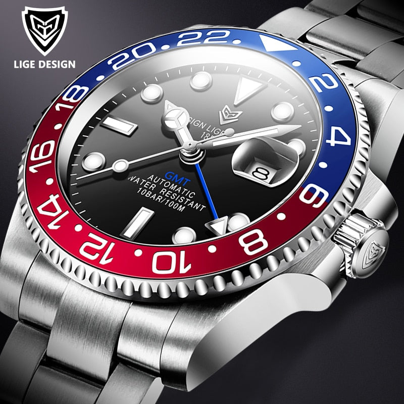 LIGE Men Watches Sapphire Glass 40MM Ceramic GMT Automatic Mechanical Watch Men 100m Waterproof Classic Fashion Luxury Clock+Box