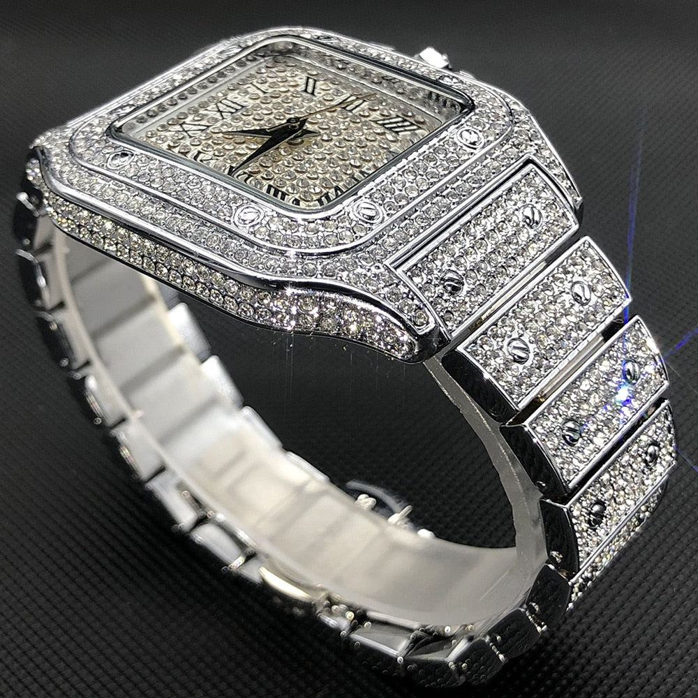 MISSFOX Ice Out Square Watch For Men Top Brand Luxury Full Diamond Mens Watches Ultra Thin Waterproof Wrist Watch