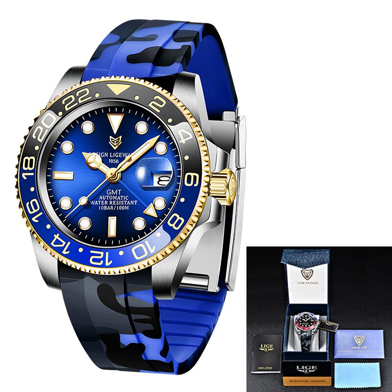 LIGE Men Watches Sapphire Glass 40MM Ceramic GMT Automatic Mechanical Watch Men 100m Waterproof Classic Fashion Luxury Clock+Box