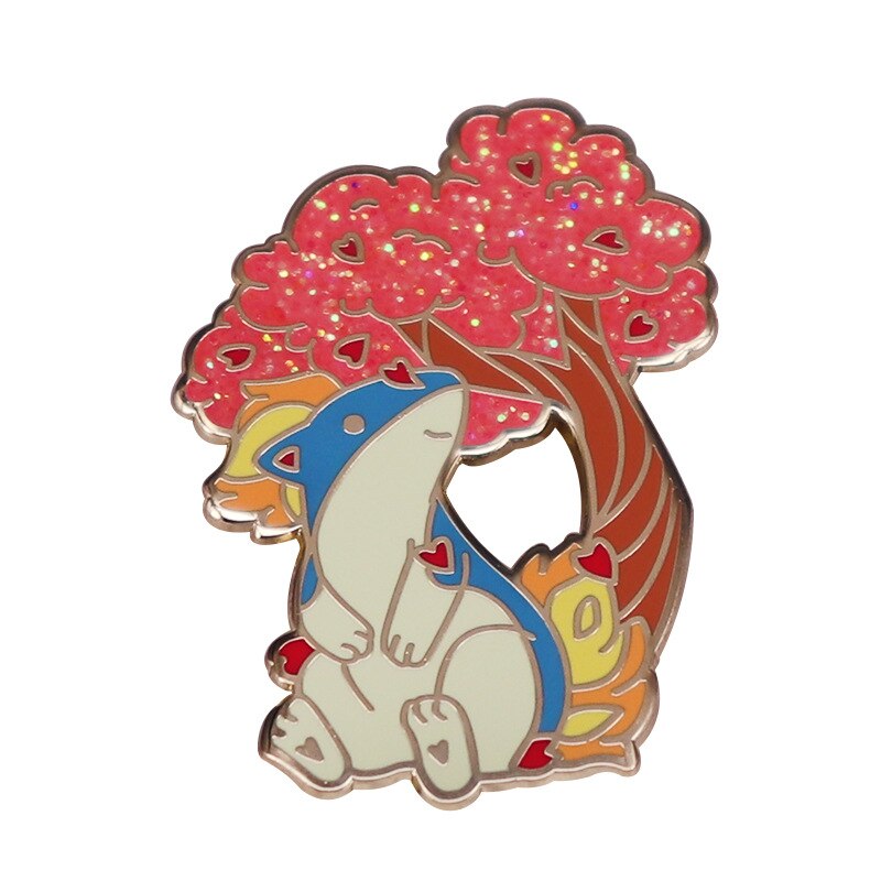 Pink glitter bonsai tree with cute squirrel brooch autumn nature landscape badge