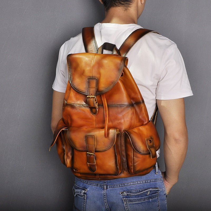 New Design Male Genuine Leather Fashion Heavy Duty Travel School University College Book Laptop Bag Backpack Daypack Men 9950