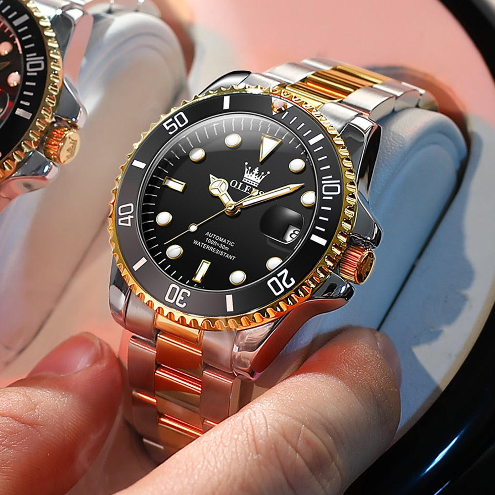 OLEVS New Green Water Ghost Watch Men's Automatic Mechanical Watch 30 Meters Life Waterproof Stainless Steel Strap 6650