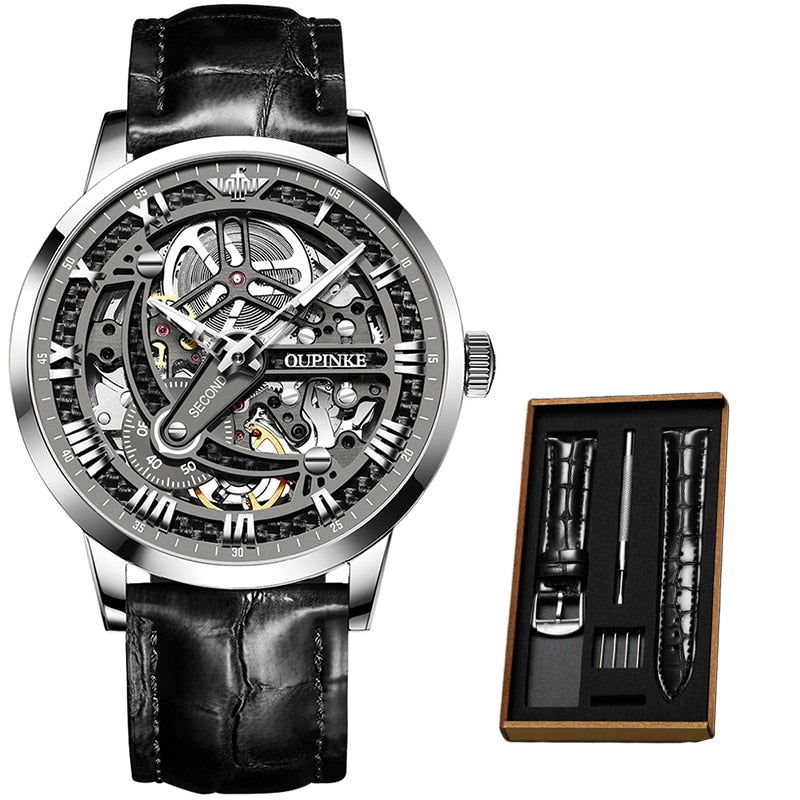 Luxury Men Mechanical Wristwatch Automatic Watch Men Classic Skeleton Leather Top Brand OUPINKE Transparent Sapphire Waterproof
