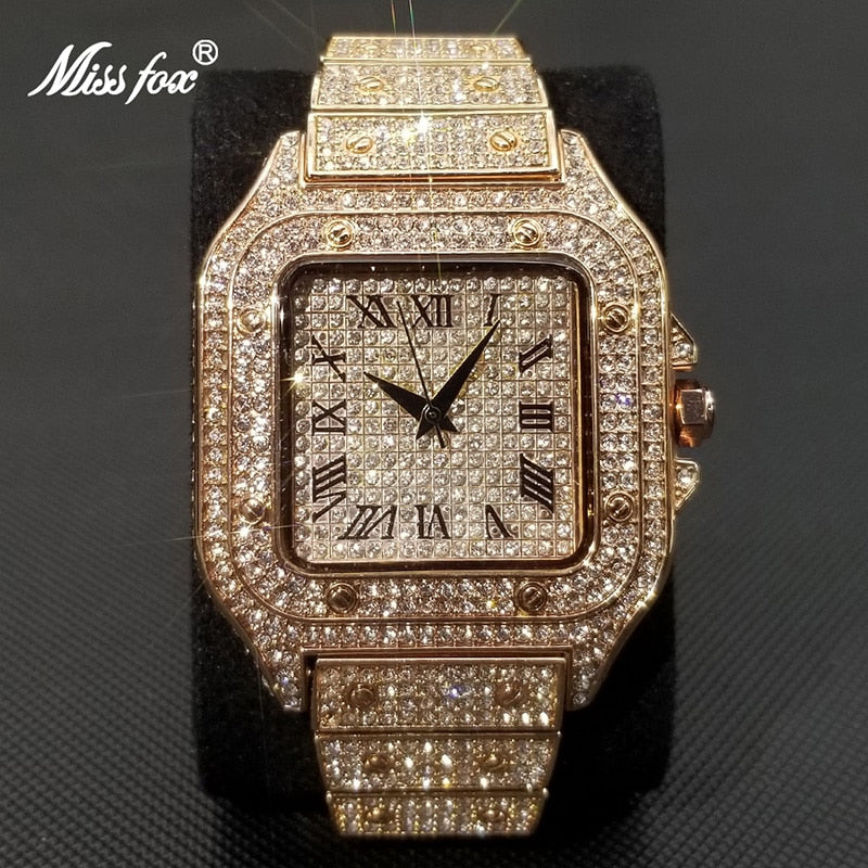 MISSFOX Ice Out Square Watch For Men Top Brand Luxury Full Diamond Mens Watches Ultra Thin Waterproof Wrist Watch