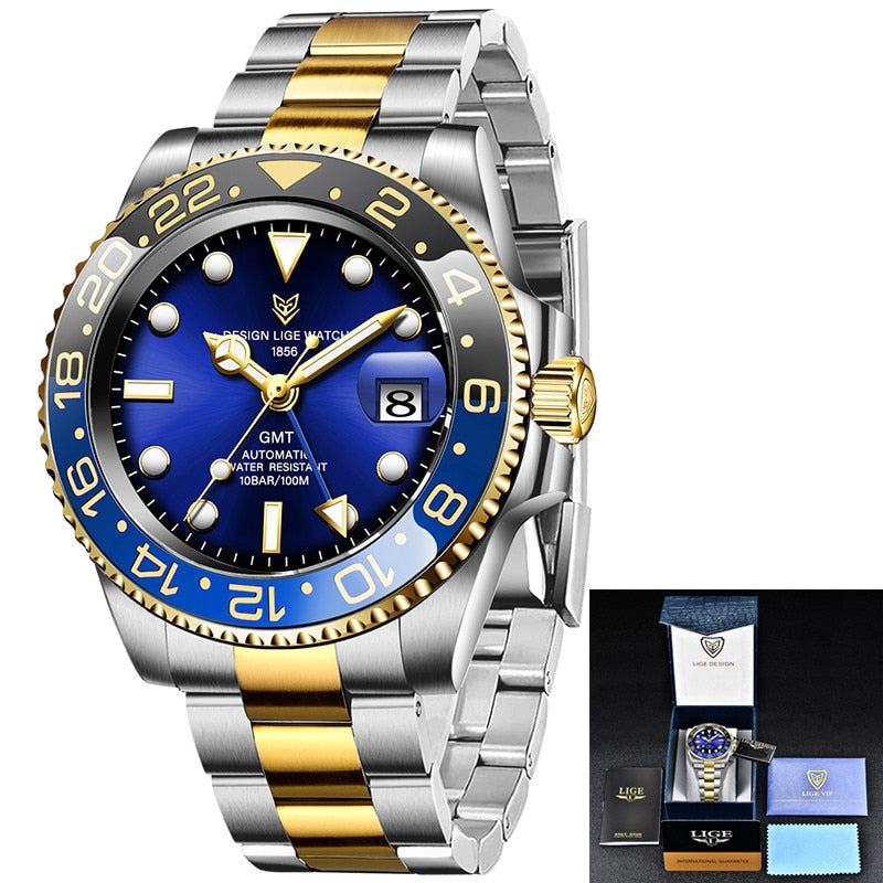 LIGE Men Watches Sapphire Glass 40MM Ceramic GMT Automatic Mechanical Watch Men 100m Waterproof Classic Fashion Luxury Clock+Box