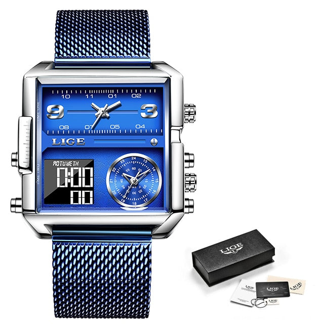 LIGE Watch Man Top Brand Luxury Square Sport Quartz Analog Wristwatch for Men Waterproof Military Digital Watches Creative Watch