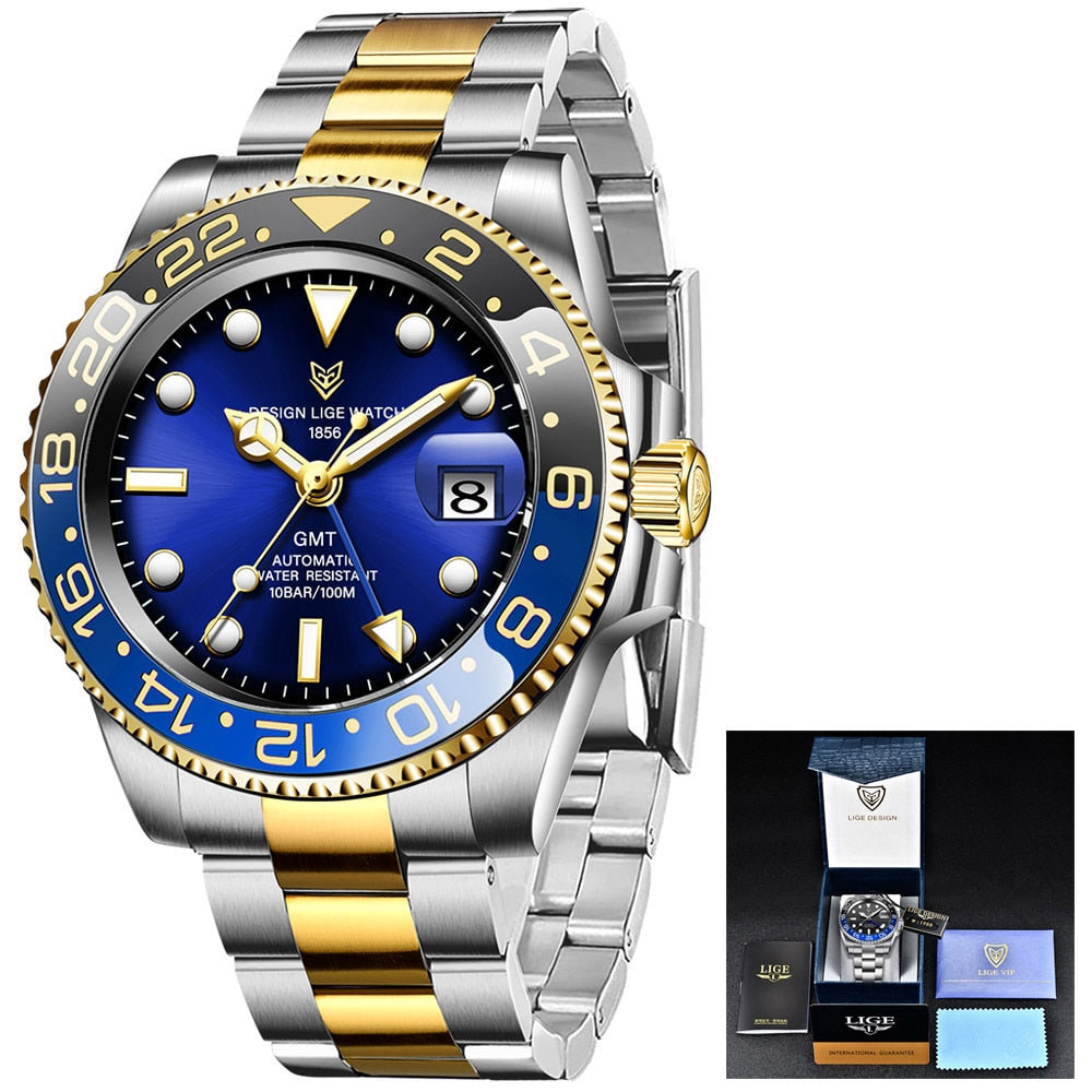 LIGE DESIGN Men GMT Automatic Mechanical Watch Ceramic Bezel 316L Stainless Steel 100ATM Waterproof Clock Sapphire Glass Watches