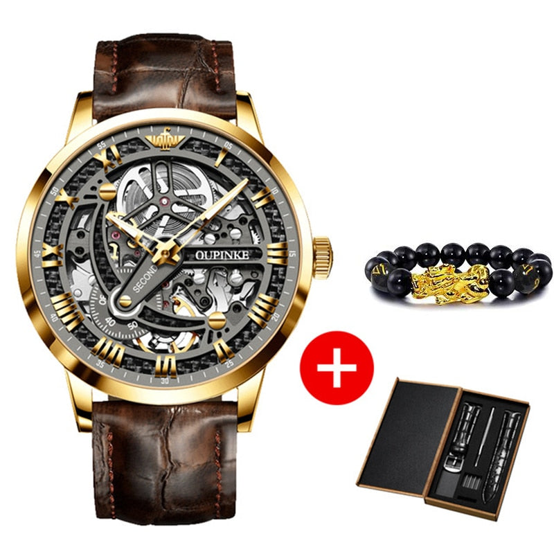 Luxury Men Mechanical Wristwatch Automatic Watch Men Classic Skeleton Leather Top Brand OUPINKE Transparent Sapphire Waterproof