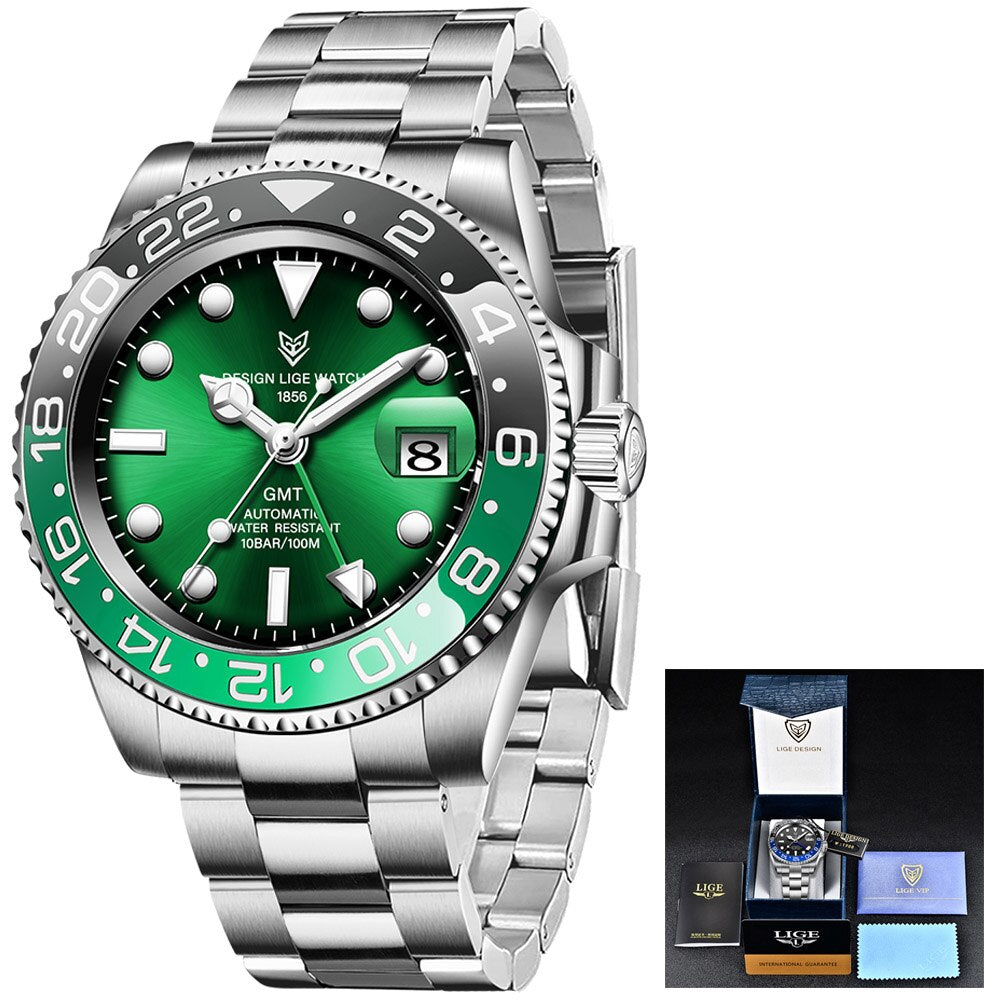 LIGE DESIGN Men GMT Automatic Mechanical Watch Ceramic Bezel 316L Stainless Steel 100ATM Waterproof Clock Sapphire Glass Watches